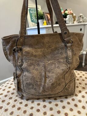 B. Makowsky Large Flowered Tan Leather Tote with Studded Detail